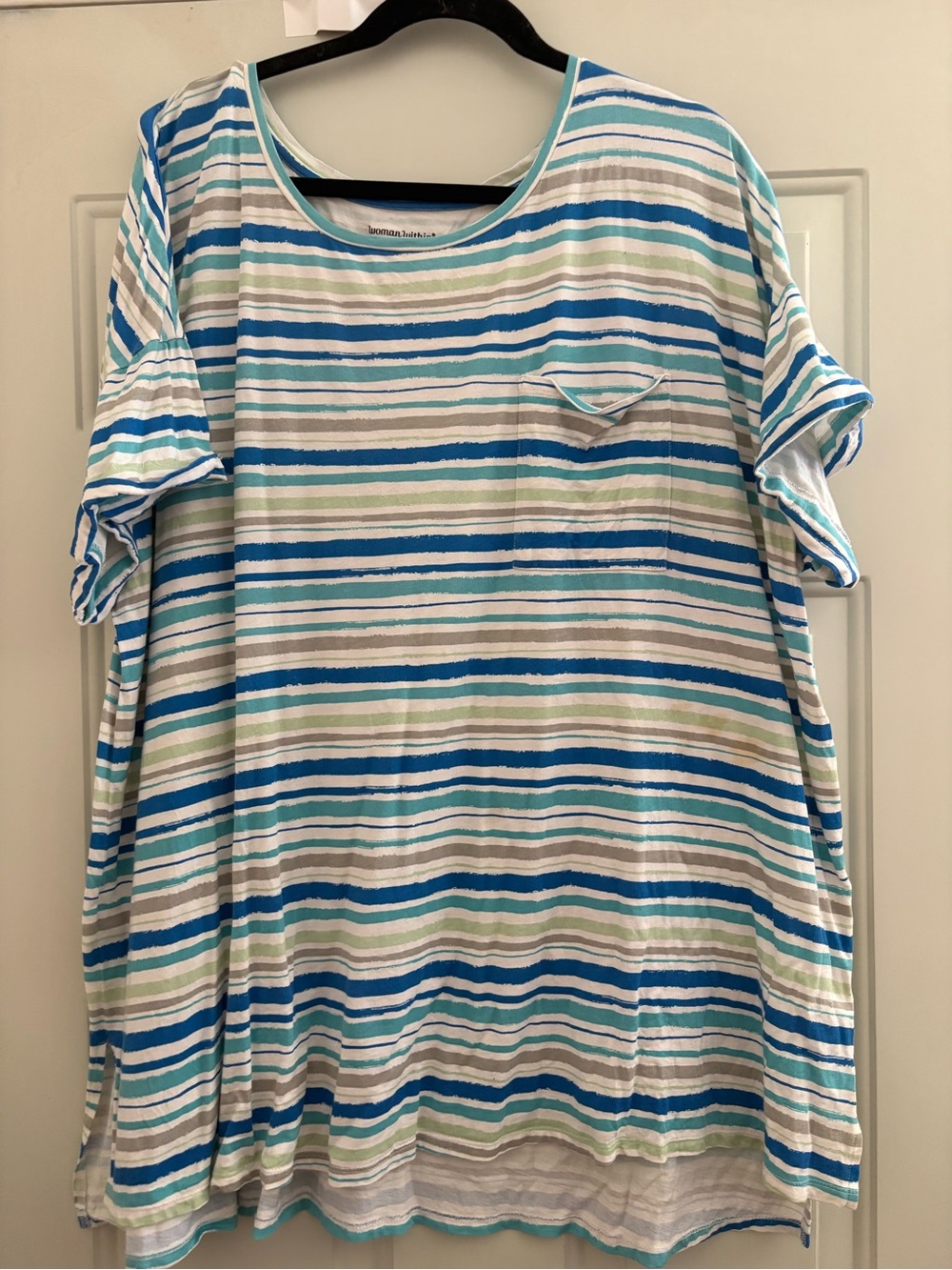 Woman Within Blue, Green and White Striped Short Sleeve Top